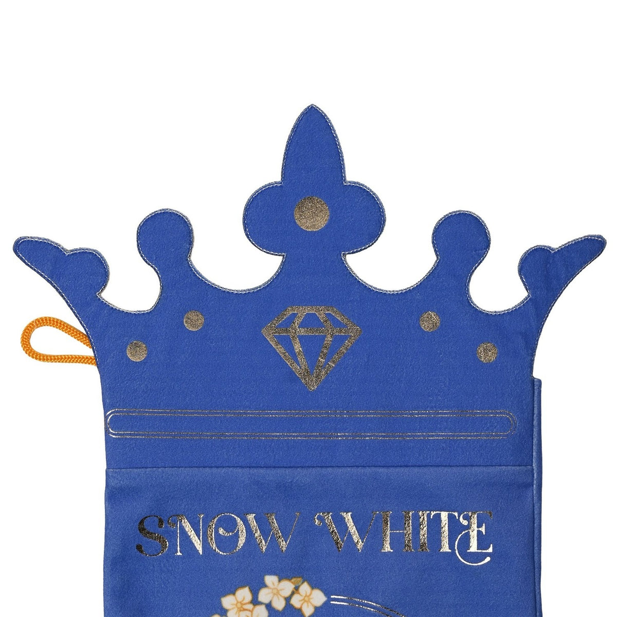 Snow White Christmas stocking in royal blue with a crown-shaped top, gold-tone diamond and dot details, an orange hanging loop, and "SNOW WHITE" lettering, shown on a plain white background.