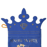 Snow White Christmas stocking in royal blue with a crown-shaped top, gold-tone diamond and dot details, an orange hanging loop, and "SNOW WHITE" lettering, shown on a plain white background.