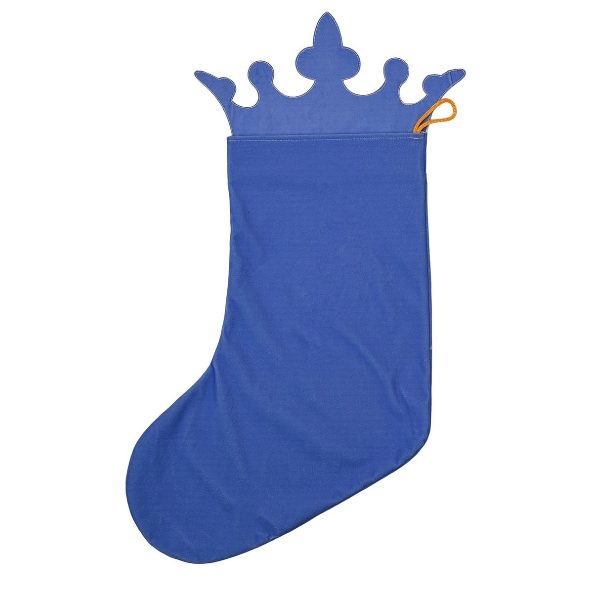 Blue Snow White Christmas stocking with a scalloped crown-shaped top and an orange hanging loop, shown plain on a white background.