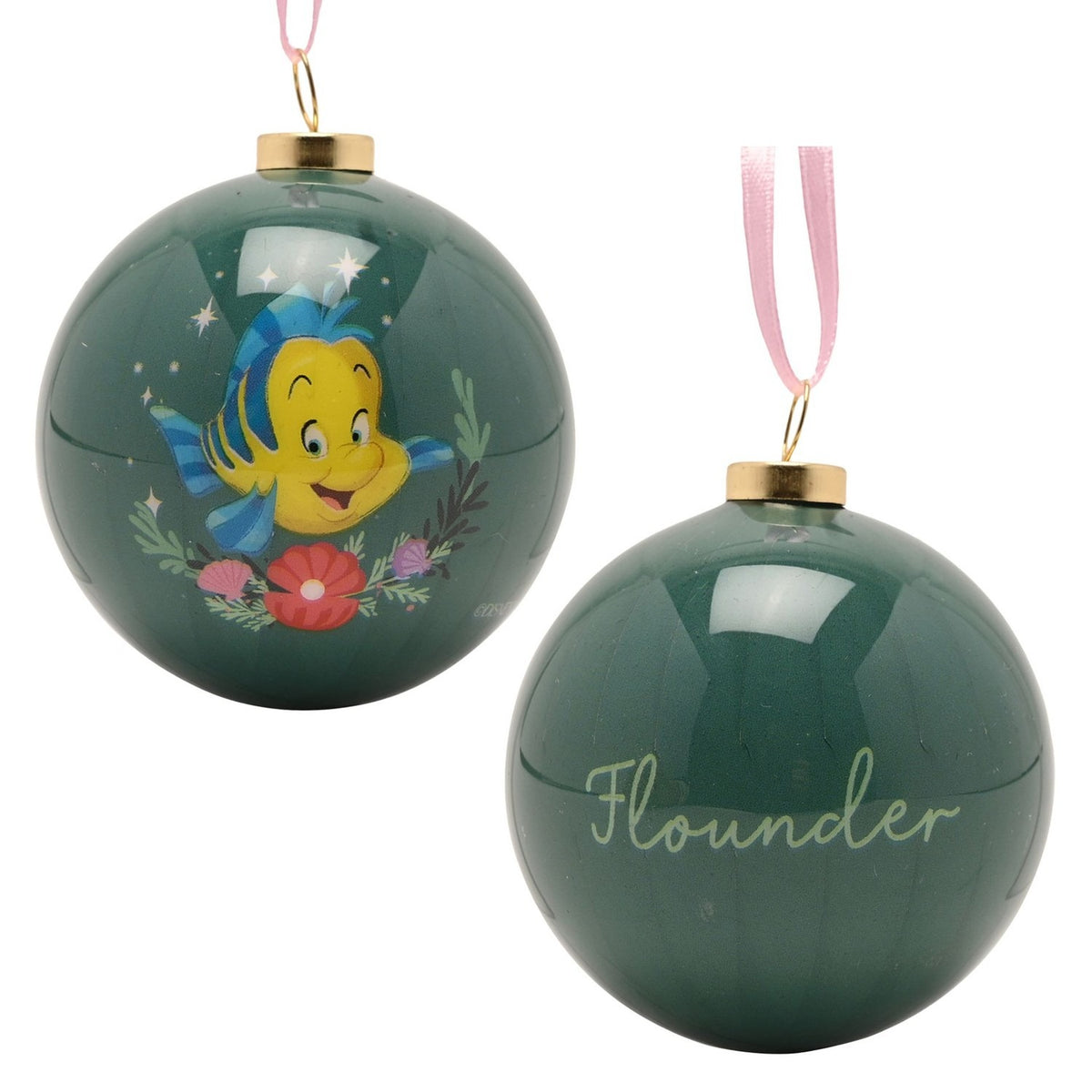 Two round glossy green baubles with gold caps and pink ribbon hangers, one printed with Flounder among flowers, the other reading "Flounder" in script, on a white background.
