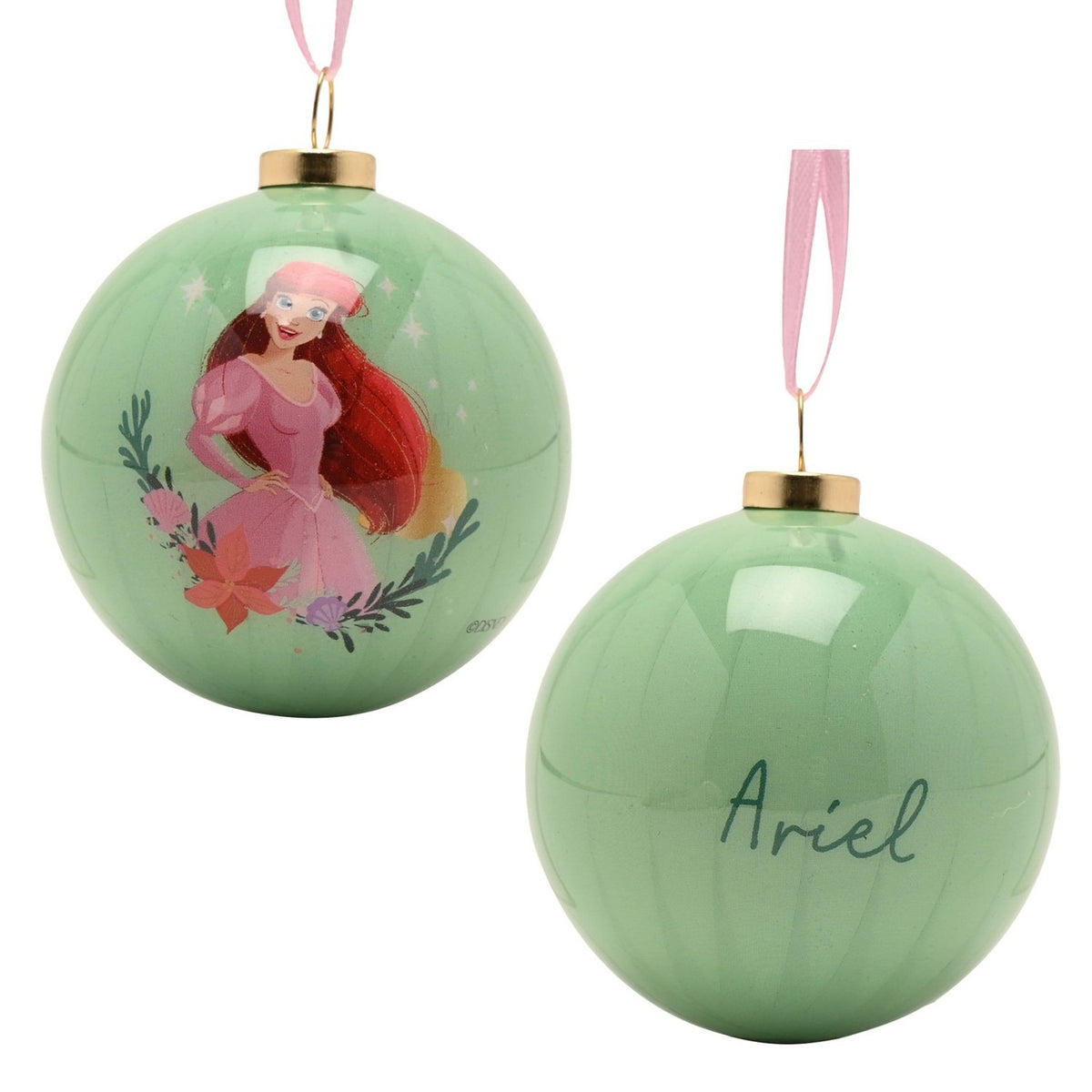 Glossy green round bauble Christmas decoration with Ariel illustration and floral accents on front, matching pink hanging ribbon and "Ariel" script on reverse side.