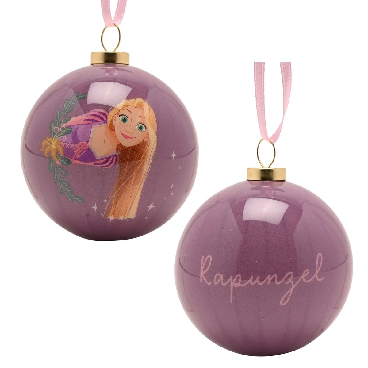 Rapunzel bauble Christmas decoration, round glossy purple ball with printed princess design and "Rapunzel" script, pink ribbon hook, shown front and back on white background.