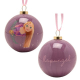 Rapunzel bauble Christmas decoration, round glossy purple ball with printed princess design and "Rapunzel" script, pink ribbon hook, shown front and back on white background.