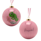 Pair of glossy pink round baubles with gold caps and pink ribbon hangers, one printed with Pascal the chameleon amid foliage, the other personalised with "Pascal" in script, on a white background.