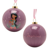 Round glossy purple bauble Christmas decoration printed with Jasmine, surrounded by stars and florals, with "Jasmine" script on the reverse side and gold hanging cap, pink ribbon.