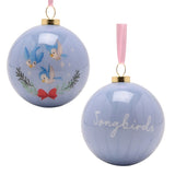 Pair of round glossy blue baubles from the Princess & Sidekick set, front printed with three songbirds and a red bow wreath, back reading "Songbirds", pink ribbon hangers, on a white background.