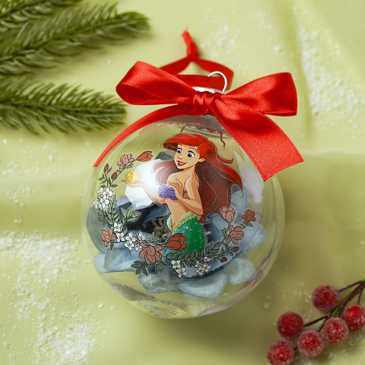 Princess Ariel Tree Bauble with Faux Flowers - Clear & Red