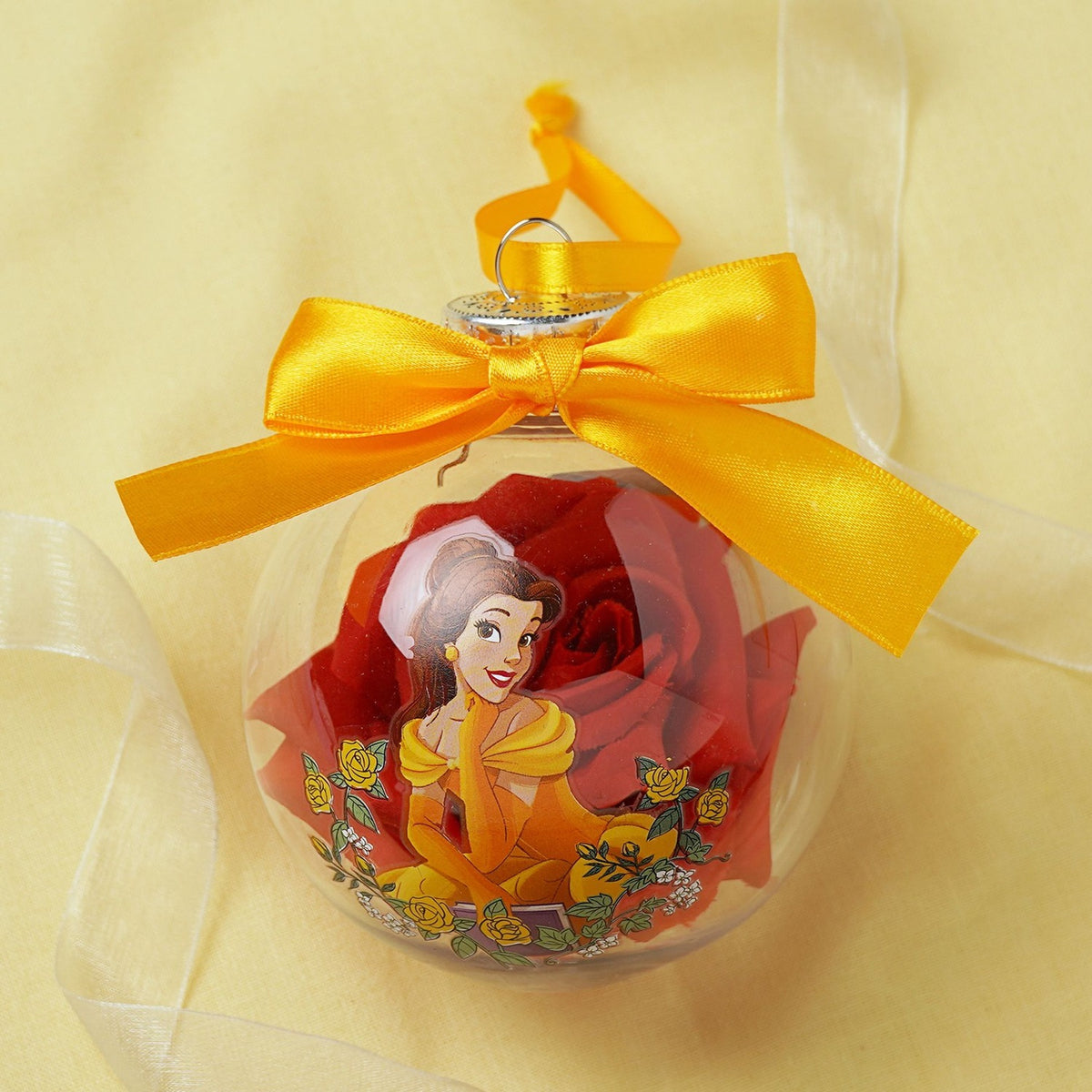 Belle Princess Christmas Bauble with Faux Flowers - Clear & Red
