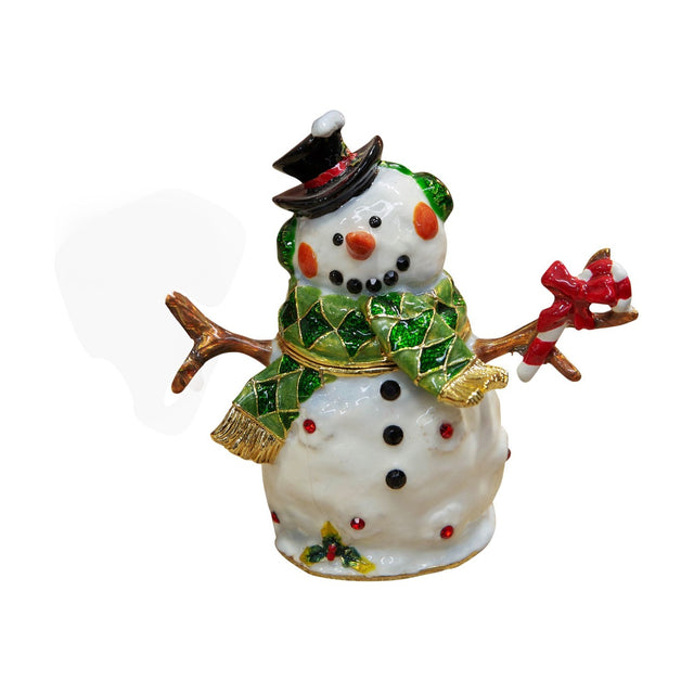 Christmas Snowman Metal Trinket Box with hinged lid, in glossy white with black top hat, green scarf, rosy cheeks and holly accents, holding a candy cane, on a plain white background.