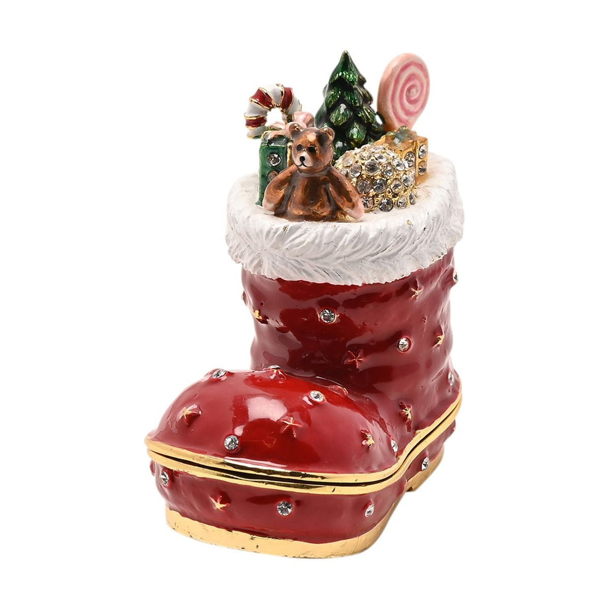 Handpainted Christmas Boot Trinket Box with Hinged Lid - Red