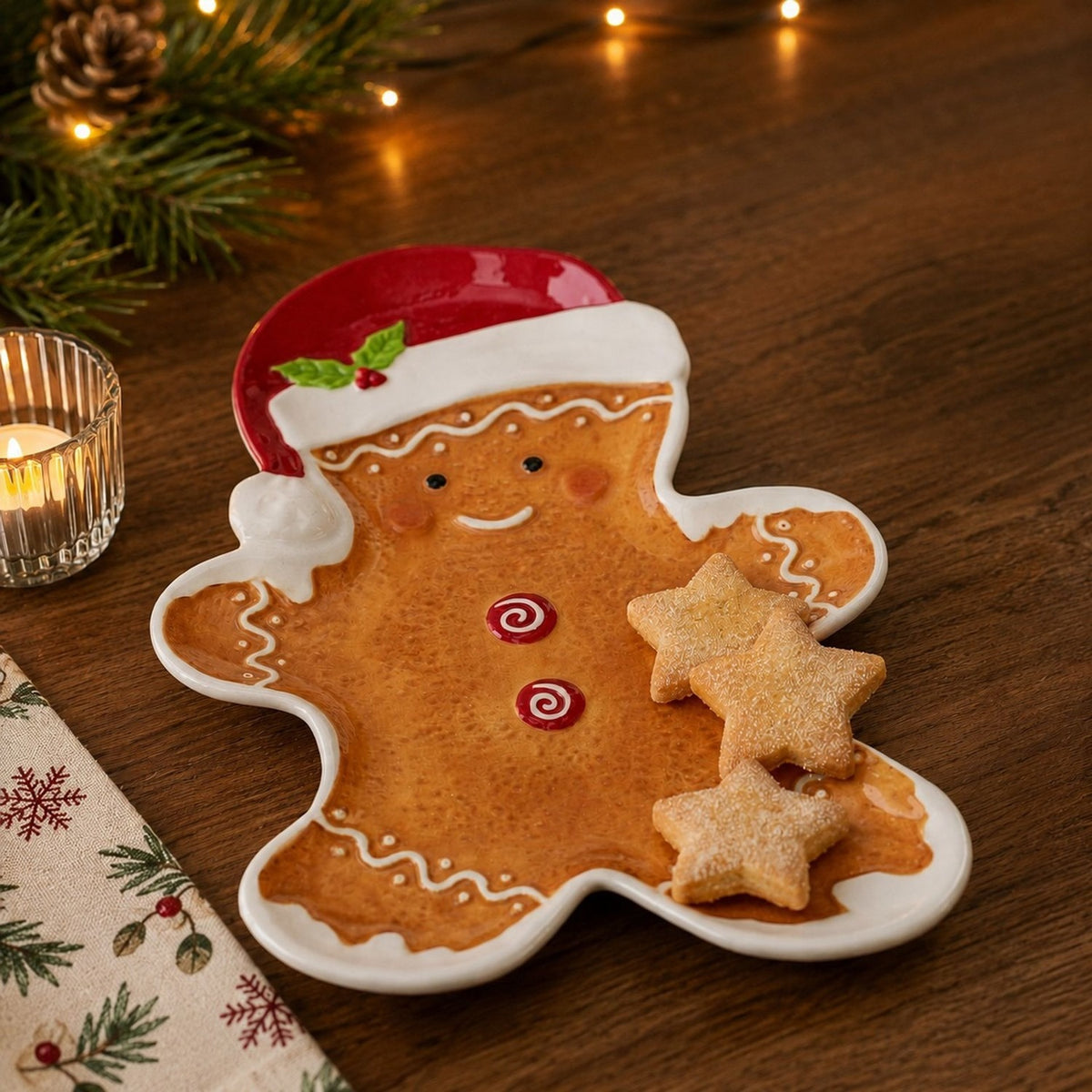Gingerbread Man in Santa Hat Gloss Ceramic Plate - Orange
