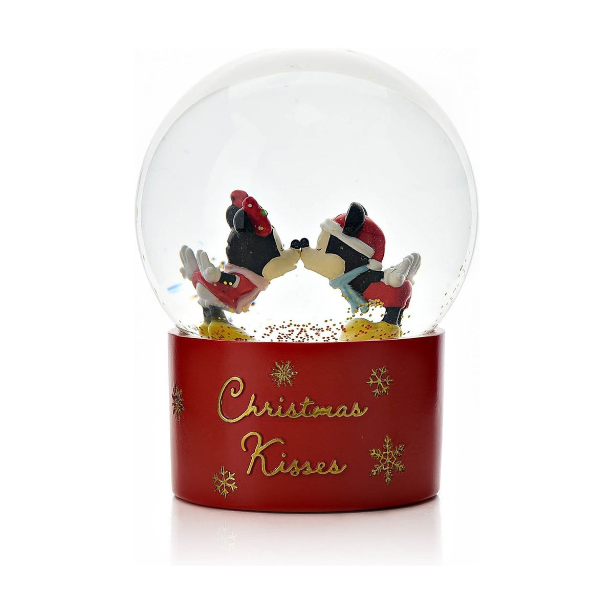 Mickey Mouse & Minnie Mouse Christmas Kisses Snow Globe in red, round glass dome with gold glitter, set on a red "Christmas Kisses" base with snowflake accents, shown on a plain white background.