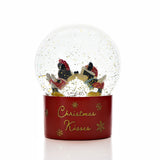 Mickey Mouse & Minnie Mouse Christmas Kisses Snow Globe with gold glitter inside a round dome, set on a red base reading "Christmas Kisses", shown on a plain white background.