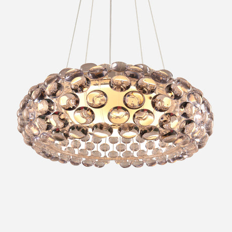 The Briller LED Large Suspension Light - Clear is an elegant glass pendant light with a circular design, showcasing acrylic spheres artfully arranged around a central LED source, suspended by slender wires. Its advanced LED technology casts a warm glow through the glass.