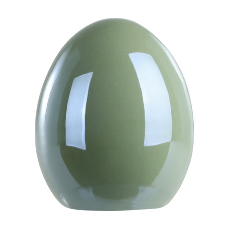 Yaypan Ceramic Decorative Egg in green, a glossy egg-shaped sculpture with a rounded base, standing upright on a plain white background.