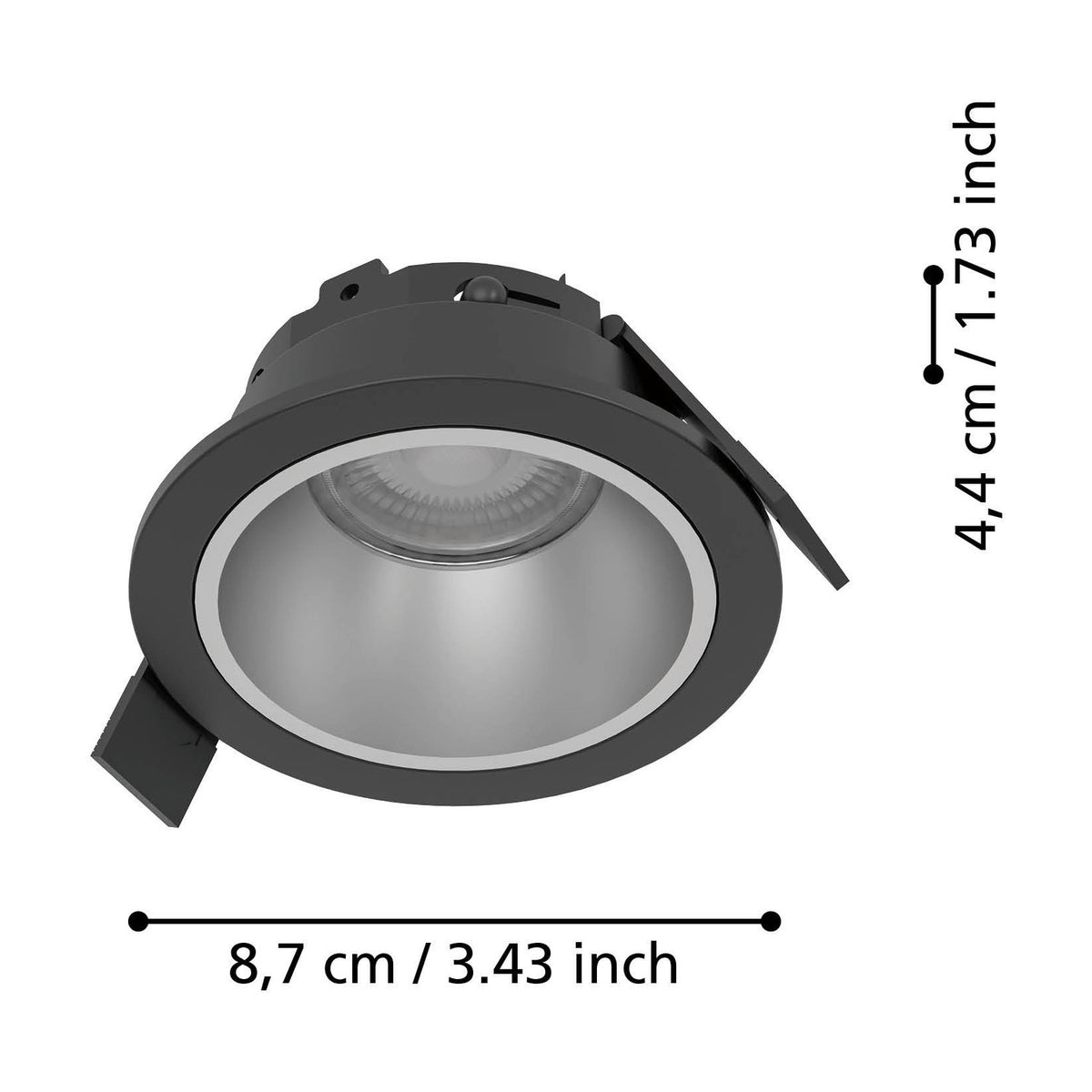 Yebra LED Downlight in black plastic with a matt silver reflector, shown at an angle with dimensions labelled 8.7cm diameter and 4.4cm recess depth on a white background.