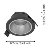 Yebra LED Downlight in black plastic with a matt silver reflector, shown at an angle with dimensions labelled 8.7cm diameter and 4.4cm recess depth on a white background.