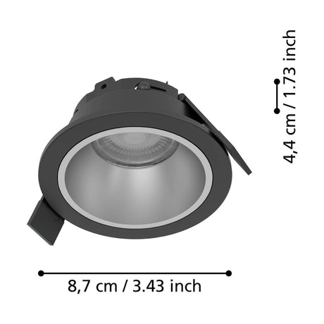 Yebra LED Downlight in black plastic with a matt silver reflector, shown at an angle with dimensions labelled 8.7cm diameter and 4.4cm recess depth on a white background.