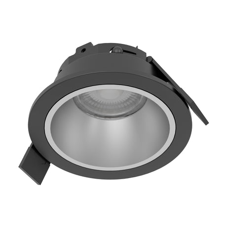 Yebra LED Downlight in black, a round recessed fixture with a black plastic body, deep matt silver reflector, and visible mounting clips, shown on a plain white background.
