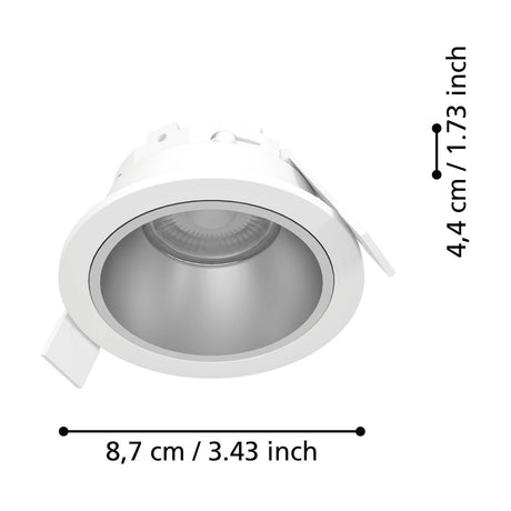 White Yebra LED Downlight, a round recessed fixture with plastic body and silver reflector, shown with 8.7cm diameter and 4.4cm recess depth dimensions.