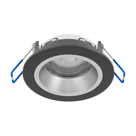 Yebra Smart Colour Changing LED Downlight in black and silver, featuring a round recessed fixture with a black bezel, silver reflector, and sprung metal mounting clips.
