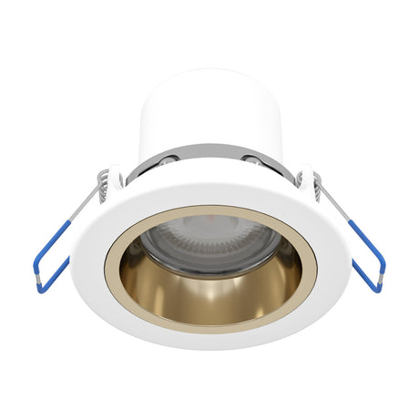 Yebra Smart Colour Changing LED Downlight with round white plastic bezel and gold reflector cup, spring clips extended, shown on a plain white background.