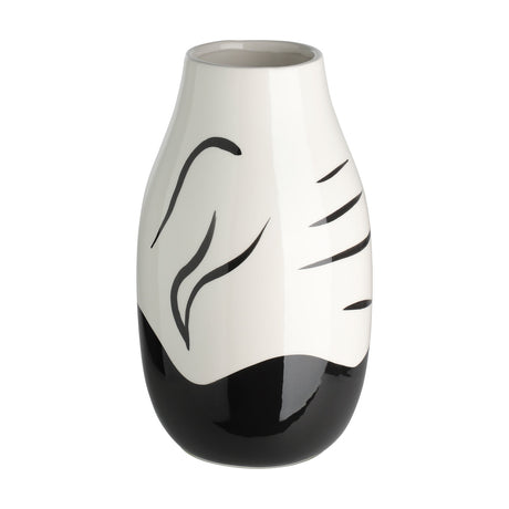 Yuzawa ceramic vase with a narrow neck and rounded base, white upper body with black brush strokes and dashes, black wavy band at the bottom, glossy finish, on a plain white background.