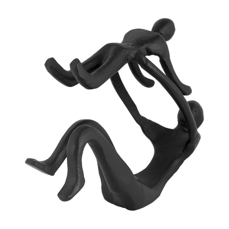 Zadiwin Figurine 15.5cm in black aluminium, an abstract sculpture of a reclining adult lifting a child overhead with joined limbs, shown on a plain white background.