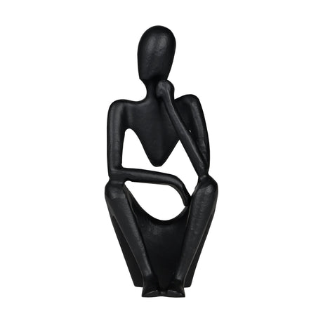 Zadiwin Figurine 23.5cm in black aluminium, an abstract seated figure with a smooth featureless head, chin resting on hand, slender limbs, and a solid block base, shown on a plain white background.