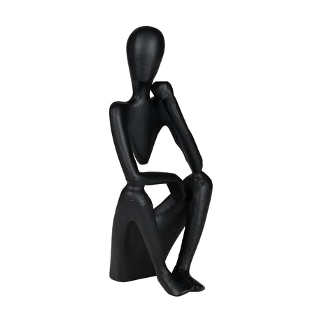 Zadiwin Figurine 23.5cm in black aluminium, an abstract seated figure with a smooth oval head resting on one hand, long slender limbs, and a block-shaped base, shown against a plain white background.