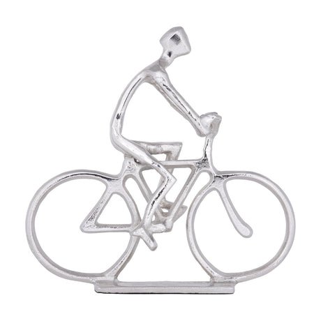 Zadiwin Figurine 23.5cm in silver, an aluminium cyclist sculpture with open wire-outline wheels and frame on a flat rectangular base, shown on a plain white background.