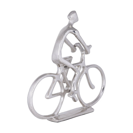 Zadiwin Figurine 23.5cm in silver, an aluminium sculpture of a stylised cyclist with open wire-frame wheels and frame, mounted on a flat rectangular base against a white background.
