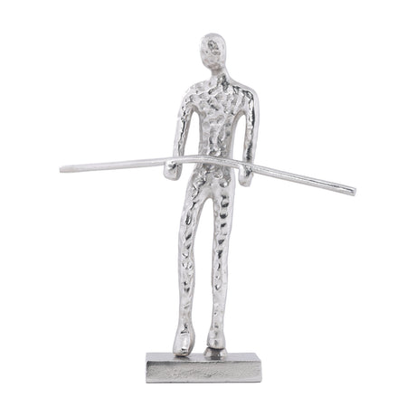 Zadiwin Figurine 39cm in silver aluminium, a stylised hammered-texture human figure on a rectangular base holding a smooth long bar, shown on a plain white background.