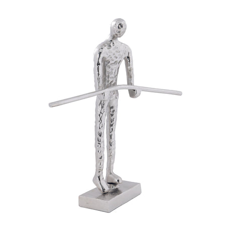 Zadiwin Figurine 39cm – silver aluminium human figure with hammered texture, standing on a rectangular base holding a smooth bar, shown on a plain white background.