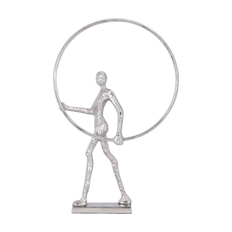 Zadiwin Figurine 54cm in silver aluminium, an abstract walking figure holding a large circular hoop around its head and torso, on a rectangular base, shown against a plain white background.