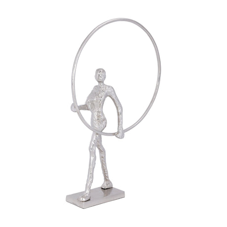 Zadiwin Figurine 54cm in silver aluminium, an abstract walking figure holding a large hoop that circles the head and torso, on a rectangular base against a plain white background.
