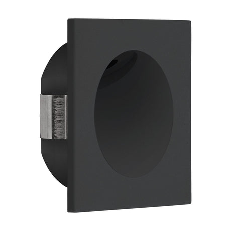 Zarate LED Downlight in black, square matt black cast aluminium face with an offset round recessed hollow, shown at an angle on a plain white background.