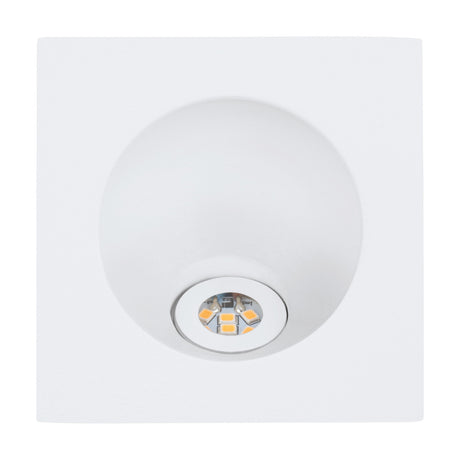 Zarate LED Downlight in white, a square recessed fixture with a softly scooped circular face and a small integrated warm white LED set beneath one edge, shown on a plain background.