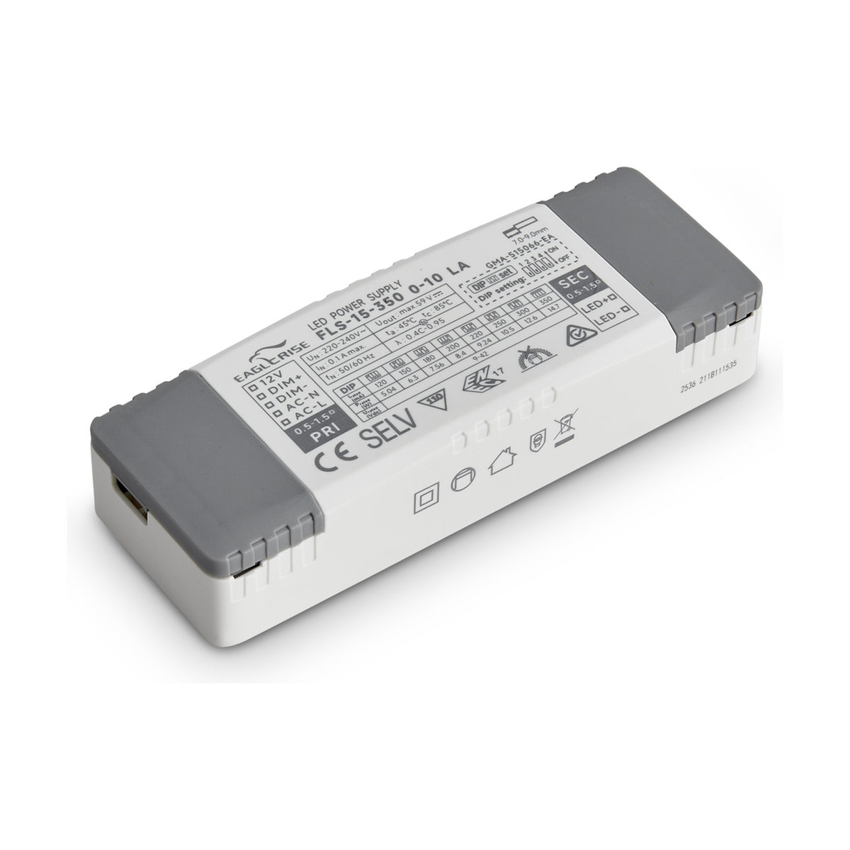 Zephyr 15W Constant Current Dimmable LED Driver in a white rectangular case with grey end covers, showing printed specifications and DIP switch settings, on a plain white background.
