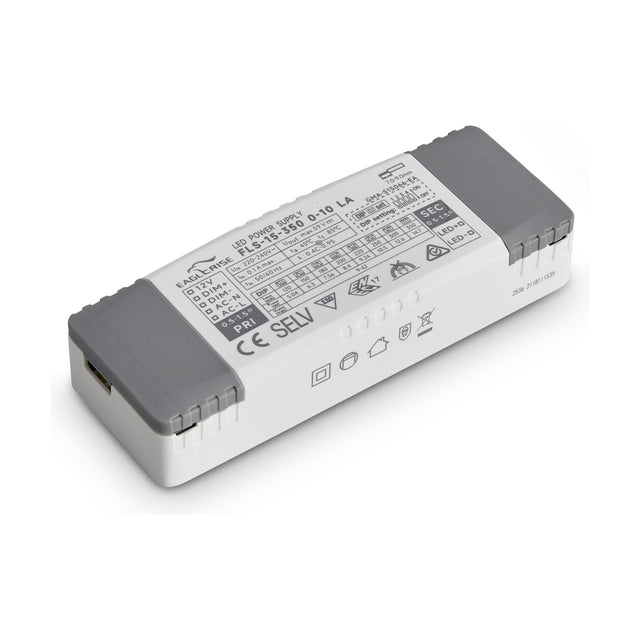 Zephyr 15W Constant Current Dimmable LED Driver in a white rectangular case with grey end covers, showing printed specifications and DIP switch settings, on a plain white background.