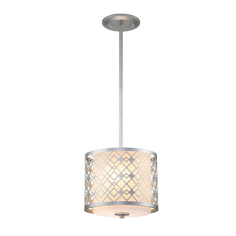 Introducing the Ziggy 1 Light Duo-Mount Small Pendant/Semi-Flush in Lacquered Silver, a modern pendant light with a cylindrical shade showcasing a crisscross metal design. This adjustable fixture is suspended from a thin rod connected to a circular ceiling mount, providing softly illuminated elegance to any space.