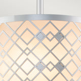 Close-up of the Ziggy 1 Light Duo-Mount Small Pendant/Semi-Flush in Lacquered Silver, featuring a geometric diamond pattern. The metal frame encases a soft, warm light, showcasing modern lighting and elegant design against a simple, neutral background.