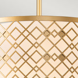 Close-up of the Ziggy 2 Light Duo-Mount Medium Pendant/Semi-Flush in a lacquered gold finish, showcasing a contemporary design with geometric patterns. The adjustable height fixture features overlapping diamond shapes set against a light background, offering a modern and sophisticated appearance.