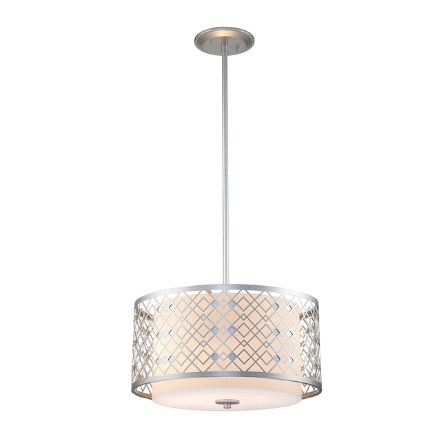 The Ziggy 2 Light Duo-Mount Medium Pendant/Semi-Flush in Lacquered Silver boasts a sleek metal frame and a patterned drum-shaped shade that embodies contemporary design. Its geometric diamond pattern in silver surrounds a soft white light, and the adaptable fixture is suspended from the ceiling by a slender rod.