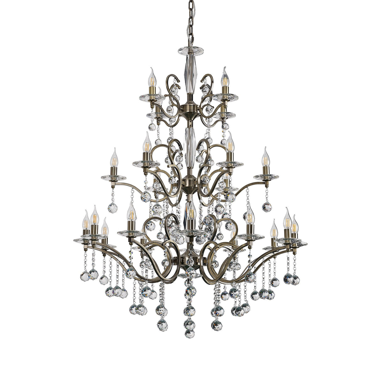 Zinta 100cm 3 Tier 22 Light Crystal Chandelier - Antique Brass