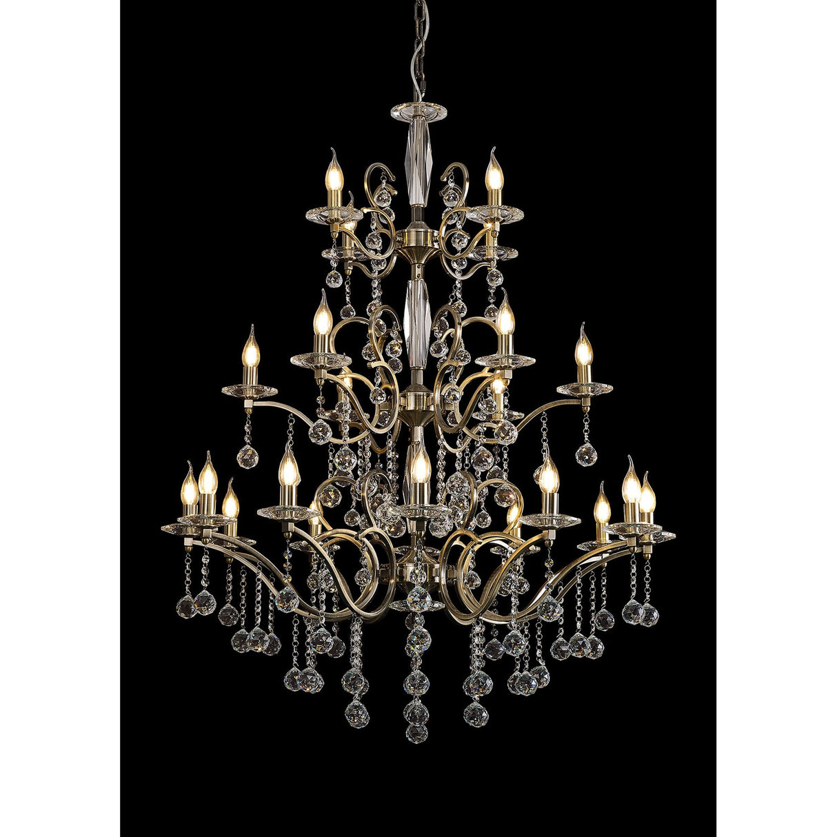 Zinta 100cm 3 Tier 22 Light Crystal Chandelier - Antique Brass