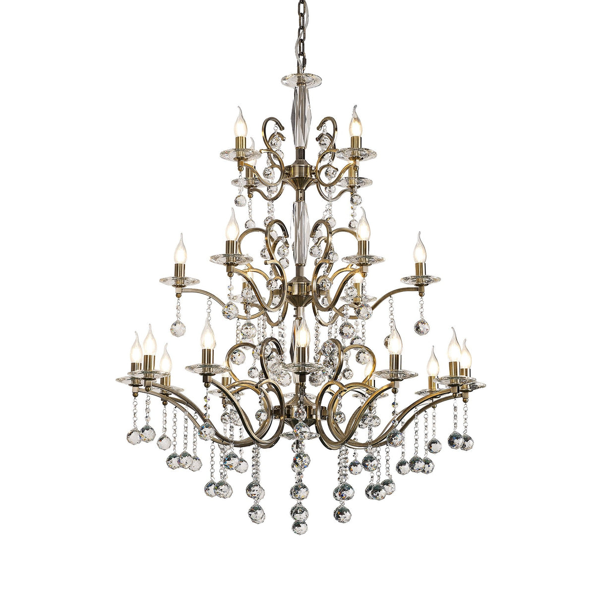 Zinta 100cm 3 Tier 22 Light Crystal Chandelier - Antique Brass