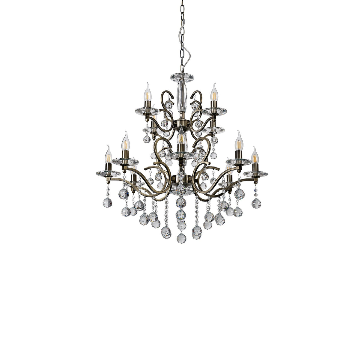 Zinta 75cm 2 Tier 12 Light Crystal Chandelier - Antique Brass
