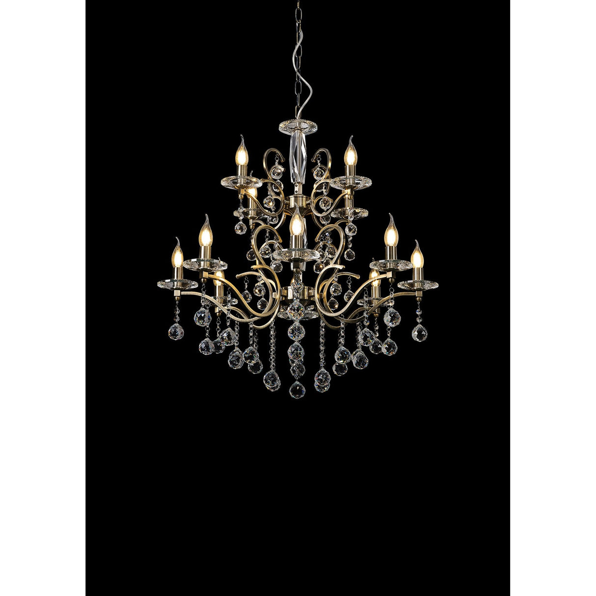 Zinta 75cm 2 Tier 12 Light Crystal Chandelier - Antique Brass