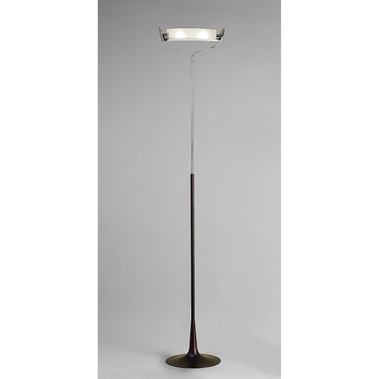 The Zira 2 Light Frosted Glass Floor Lamp in chrome and wenge features a slim metal pole, dark base, and flat white glass shade, offering ambient lighting against a plain gray background.